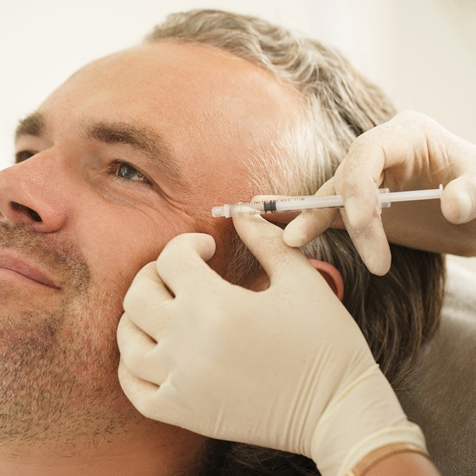 a smiling man receiving dermal filler injections
