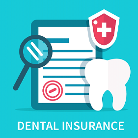 cartoon illustration of a tooth, magnifying glass, and paperwork representing dental insurance