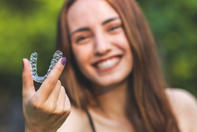 Woman holding clear aligner